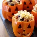 shredded chicken rice stuffed peppers halloween style