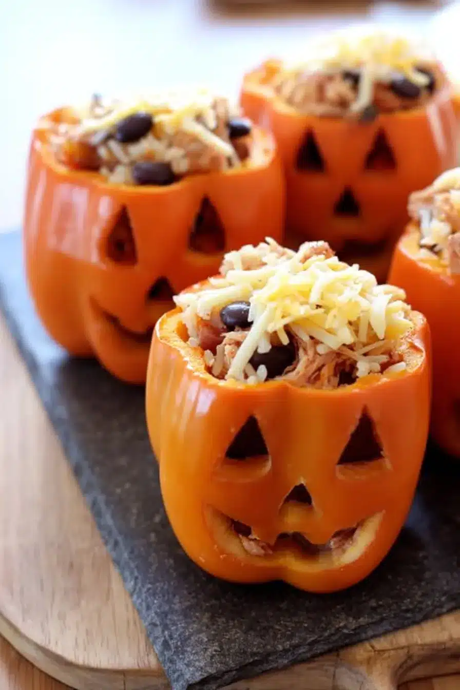 shredded chicken rice stuffed peppers halloween style
