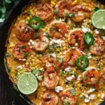 Shrimp and Creamed Corn: Easy, Amazing Dinner 18 Shrimp and creamed corn in a skillet with grilled corn, feta, and lime