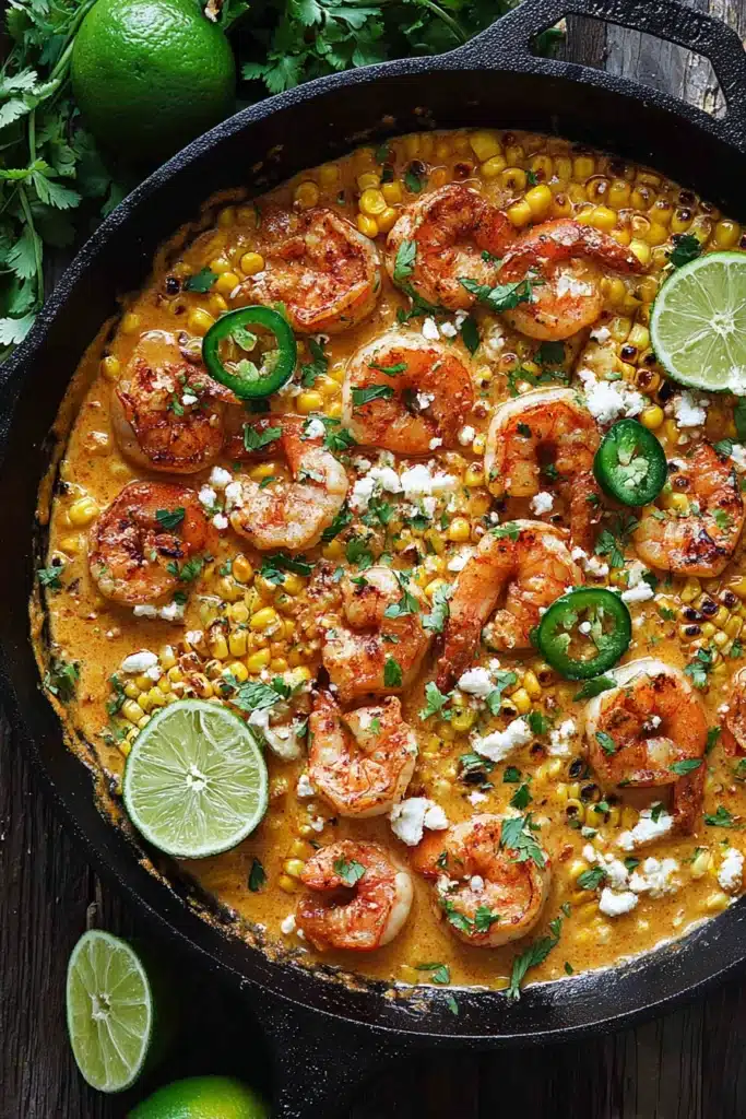 Shrimp and creamed corn in a skillet with grilled corn, feta, and lime