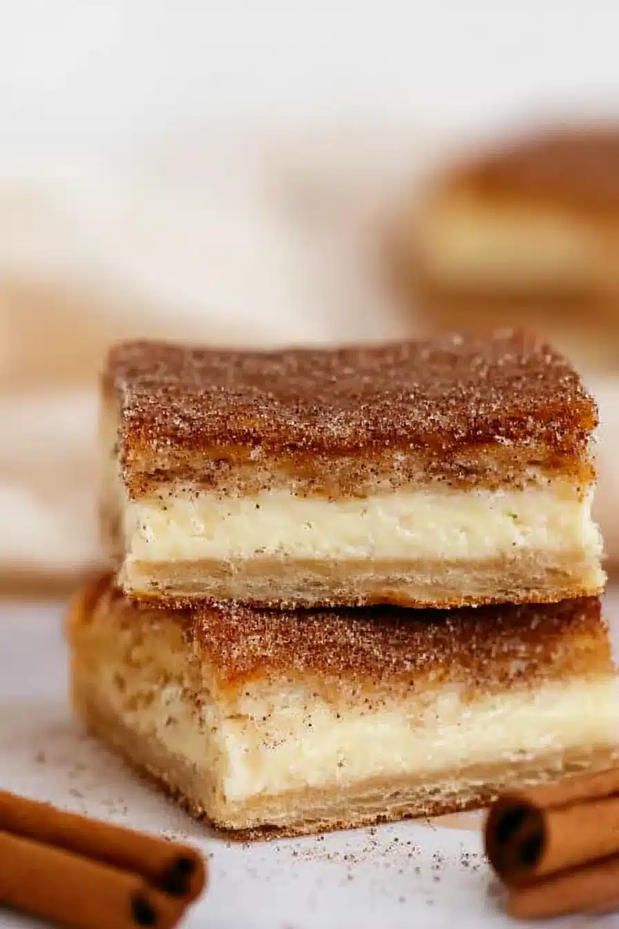Stacked simple churro cheesecake bars with cinnamon sugar topping and creamy filling on a wooden surface.