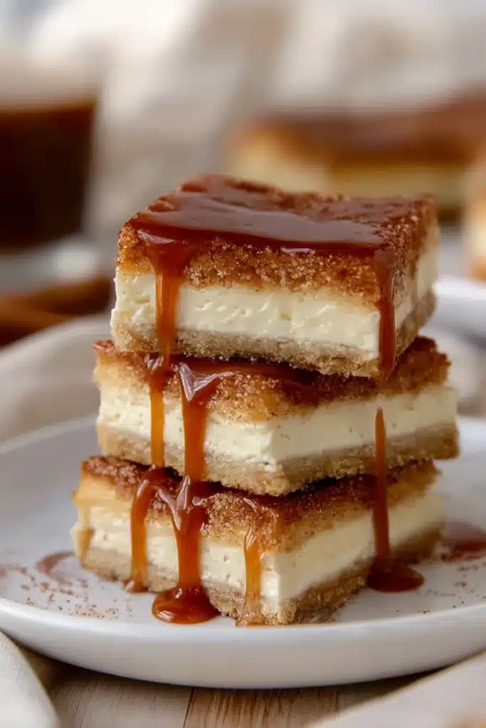 Simple Churro Cheesecake – Easy & Delicious 7 Churro cheesecake bars with caramel sauce dripping over cinnamon sugar crust, served on white plate.