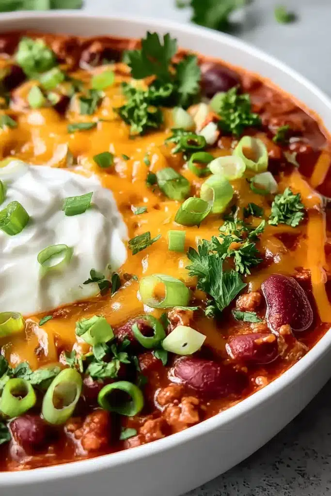 Simple Crockpot Vegetarian Chili | Hearty, Healthy, Cozy 9 Simple crockpot vegetarian chili with melted cheese, sour cream, and parsley in a white bowl