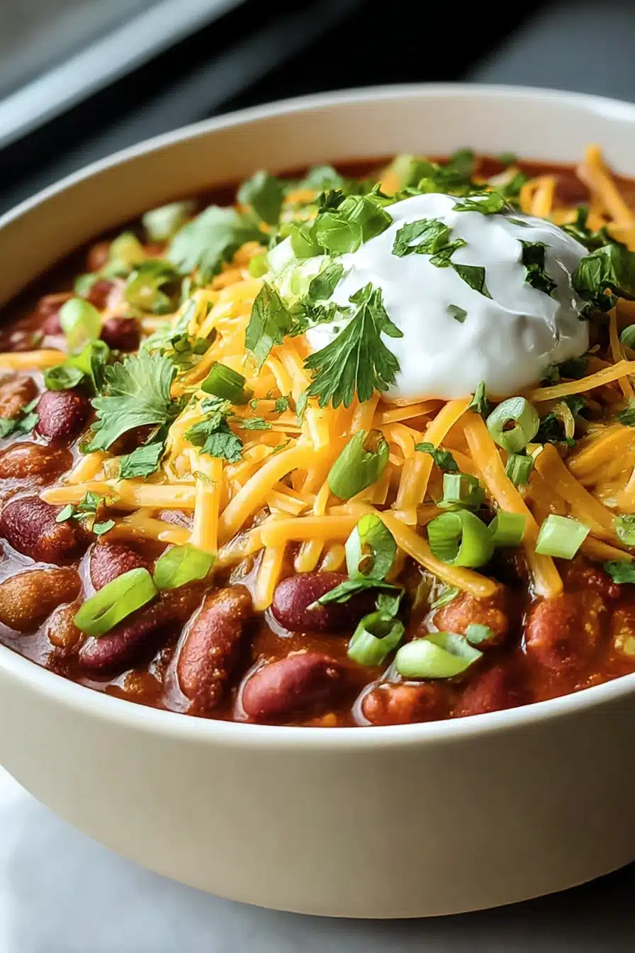 Simple crockpot vegetarian chili with melted cheese, sour cream, and fresh herbs in a white bowl