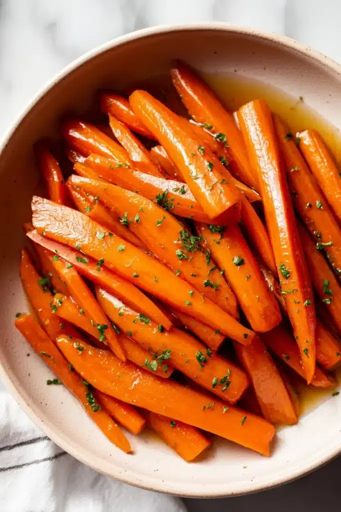 Simple glazed carrots in a ceramic bowl with brown sugar glaze and herbs