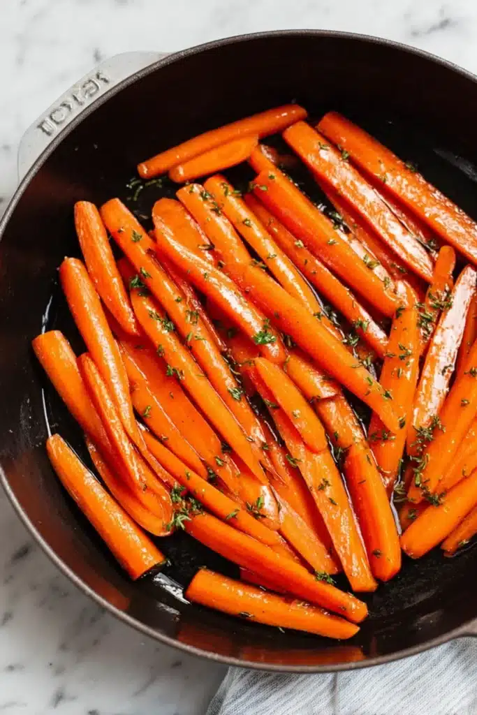 Simple Glazed Carrots – Quick & Delicious Side 6 Simple glazed carrots simmering in skillet with brown sugar glaze