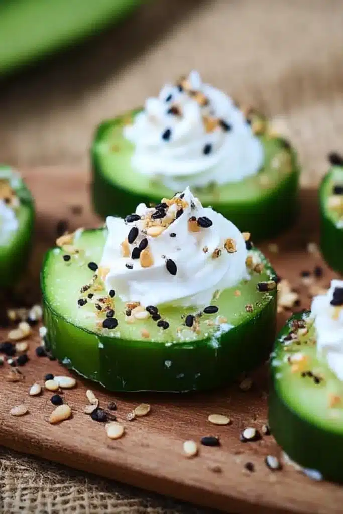 Everything Bagel Cucumber Bites with cream cheese swirl and seasoning on a wooden board