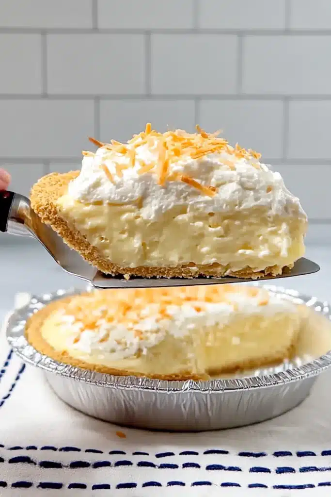 Slice of no bake pineapple cream cheese pie with toasted coconut being served