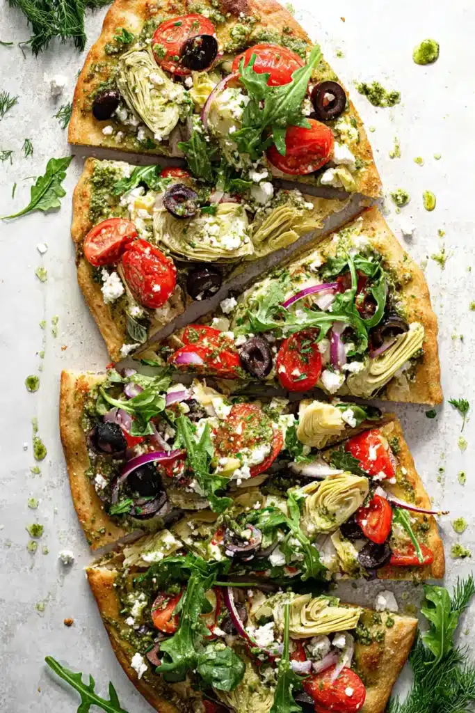 Easy Mediterranean Flatbread Pizza sliced with pesto, feta, tomatoes, olives, and arugula