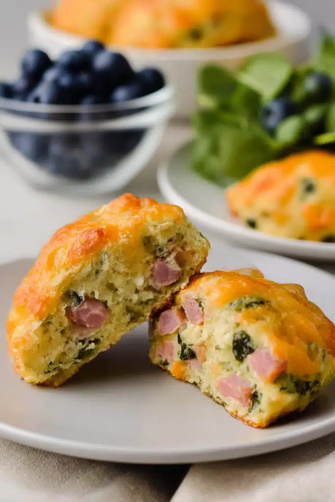 Halved breakfast protein biscuit with ham, spinach, and cheddar served on a white plate