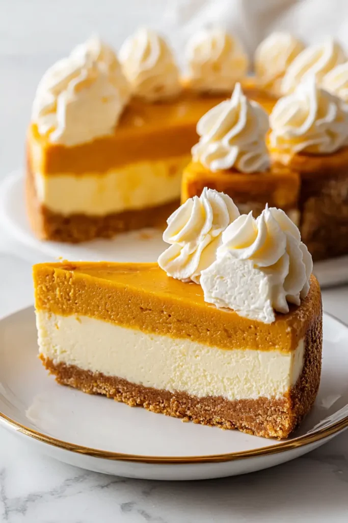 Tasty Pumpkin Pie Cheesecake – Simple & Delicious Fall Treat 6 Sliced tasty pumpkin pie cheesecake with whipped cream topping