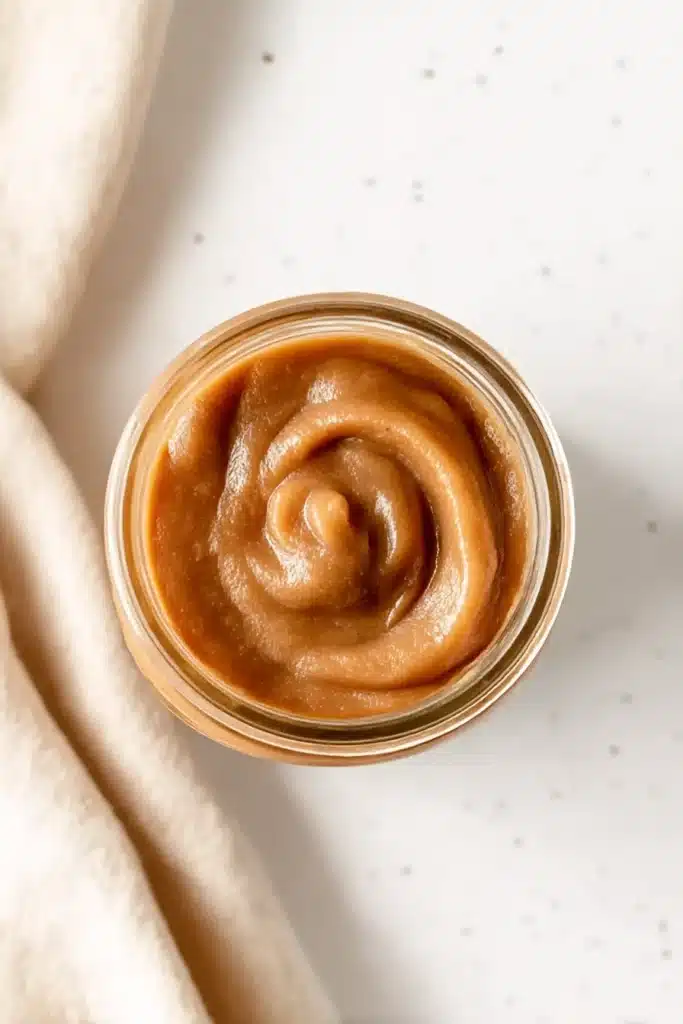 Top-down view of a glass jar filled with creamy, swirled slow cooker apple butter on a rustic table.
