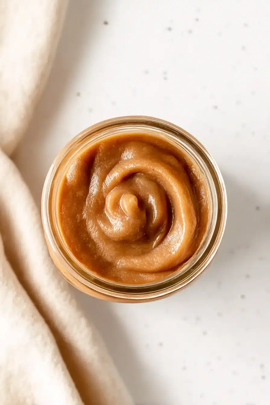 Top-down view of a glass jar filled with creamy, swirled slow cooker apple butter on a rustic table.