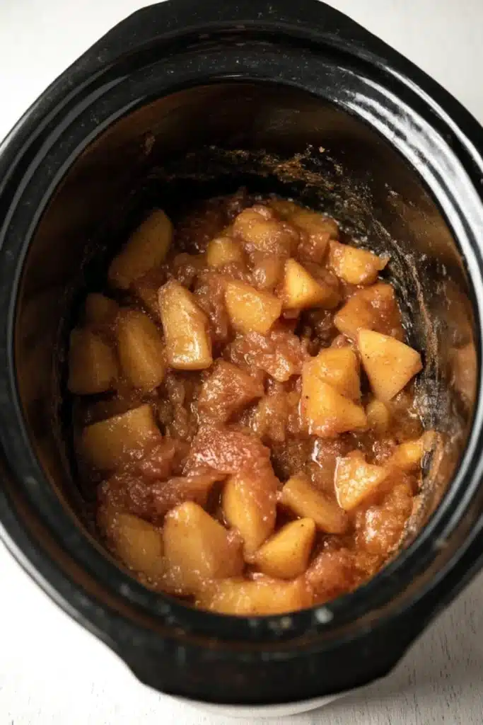 Slow Cooker Apple Butter – Easy & Delicious Recipe 15 Softened apples cooking in a black slow cooker, part of the slow cooker apple butter recipe.