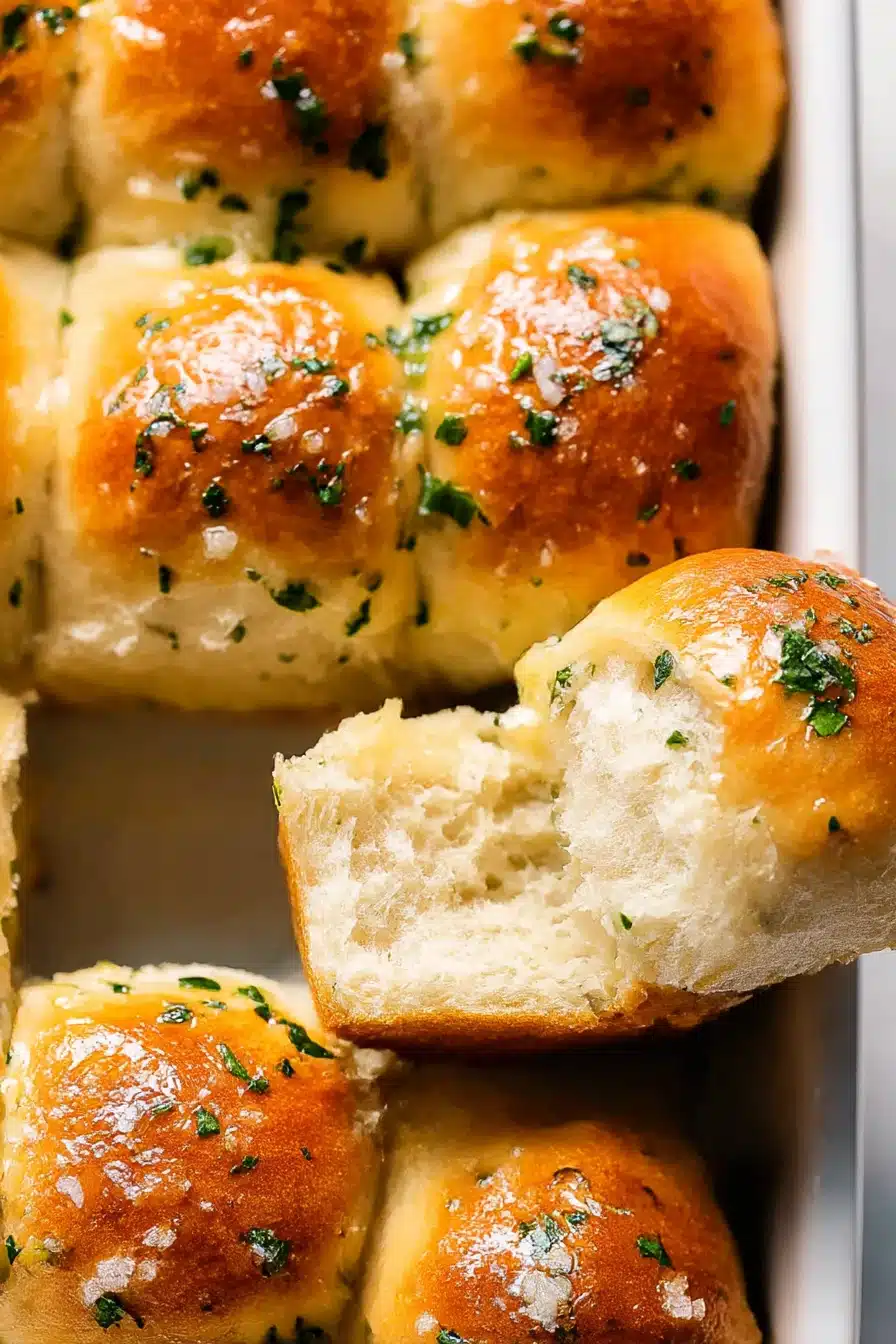 Freshly baked garlic butter bread rolls with golden crust, parsley, and flaky salt, one roll pulled apart showing fluffy interior