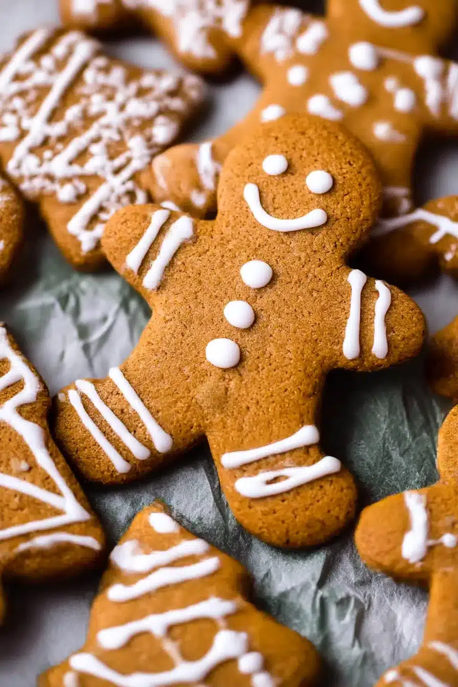 Soft Gingerbread Cookies decorated with white icing in festive shapes like gingerbread men, stars, and trees on a holiday baking surface.