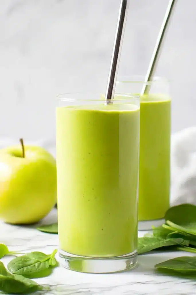 Refreshing spinach green apple smoothie in tall glasses with metal straws, fresh apple and spinach leaves on wooden table