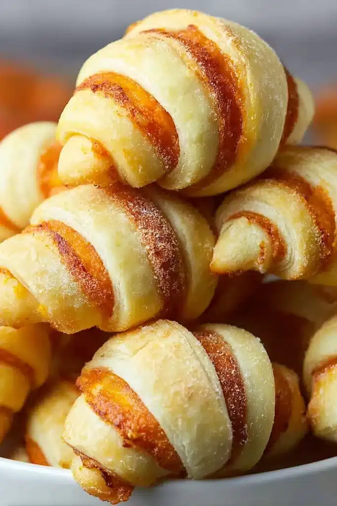 Stacked mini pumpkin pie crescent rolls in a bowl with golden pastry and orange filling