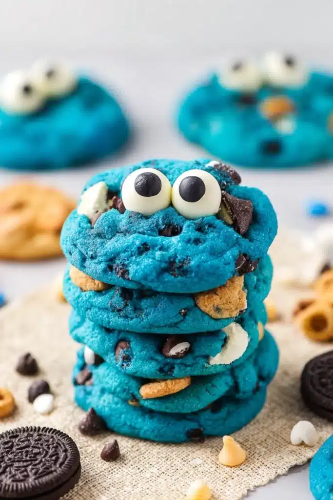 Stack of bright blue Cookie Monster cookies with candy eyes and chocolate chips