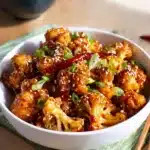 Crispy sticky sesame cauliflower in a bowl topped with sesame seeds and spring onions, served with rice