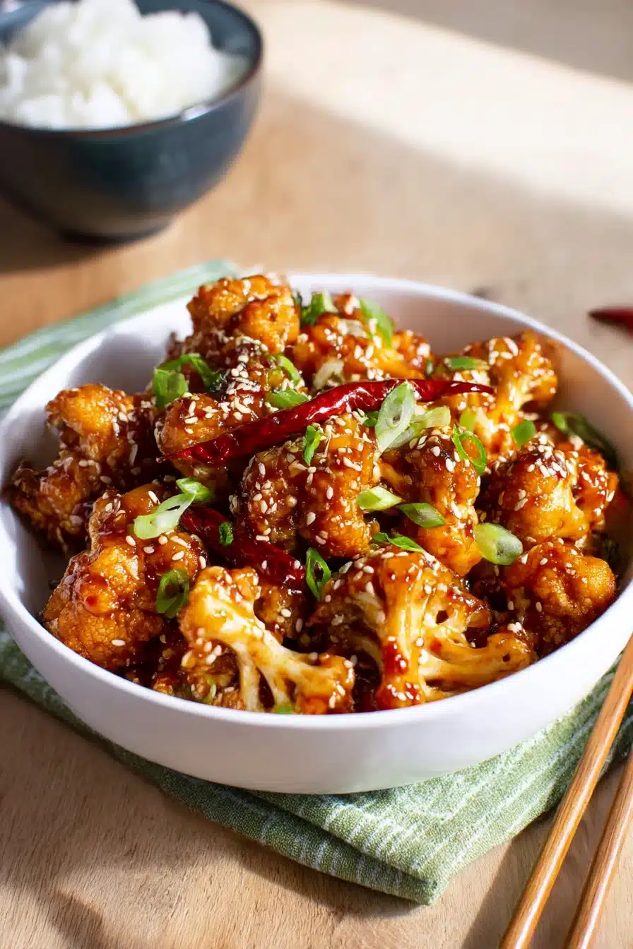 Crispy sticky sesame cauliflower in a bowl topped with sesame seeds and spring onions, served with rice