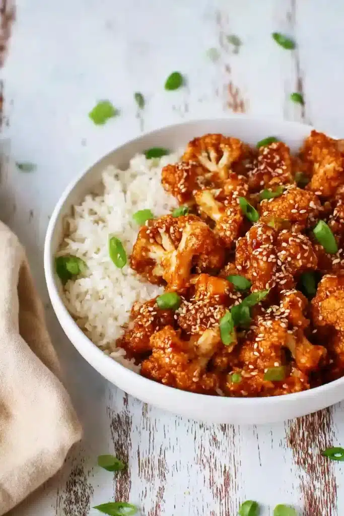 Sticky sesame cauliflower served with jasmine rice in a bowl on a white rustic wood table