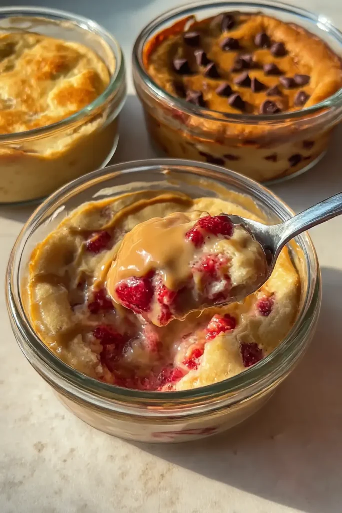 Spoon lifting a bite of baked strawberry protein pancake bowl topped with nut butter, with chocolate chip and plain variations in the background.