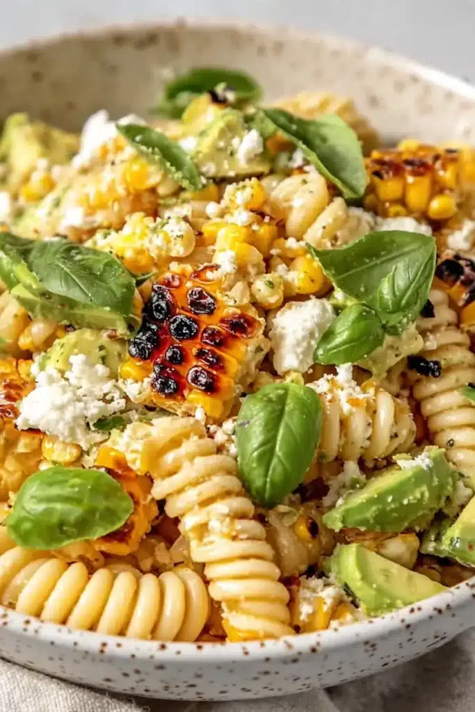 Creamy street corn pasta salad with grilled corn, avocado, and cheese in a speckled bowl