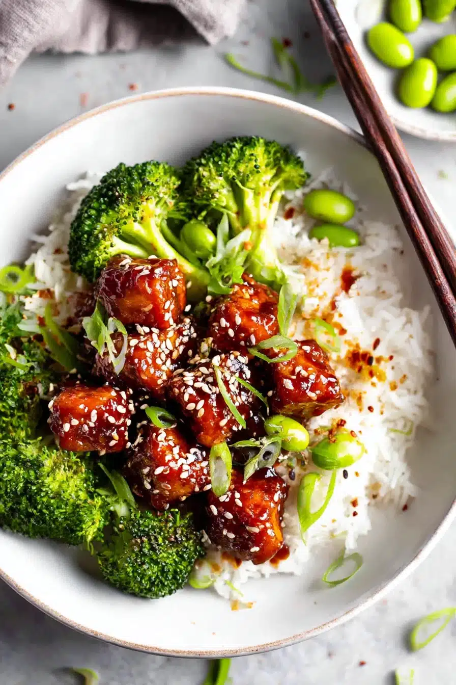 Baked Teriyaki Salmon Recipe in white bowl with rice, broccoli, and edamame on gray kitchen table