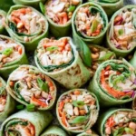 Thai Peanut Chicken Wraps arranged on a platter with spinach and flour tortillas, colorful vegetables, chopped peanuts, and sliced green onions.