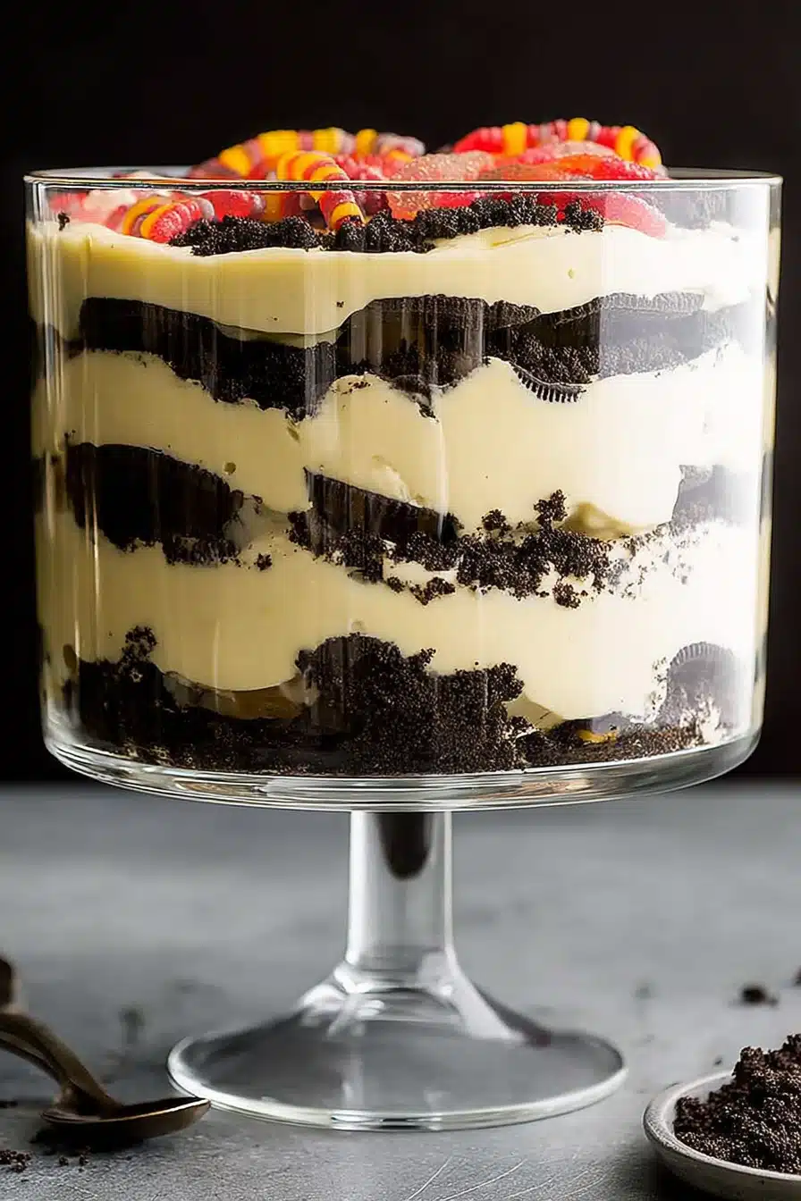 The Best Oreo Dirt Cake layered in a glass trifle bowl with gummy worms on top