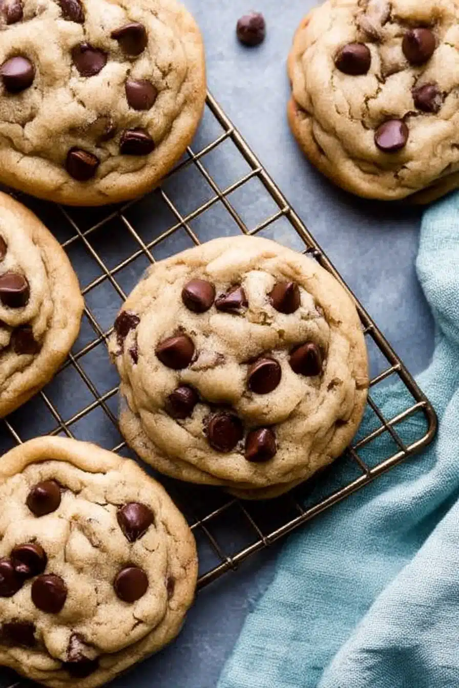 Close-up of chewy chocolate chip cookies cooling on a wire rack with gooey chocolate chips and golden-brown texture