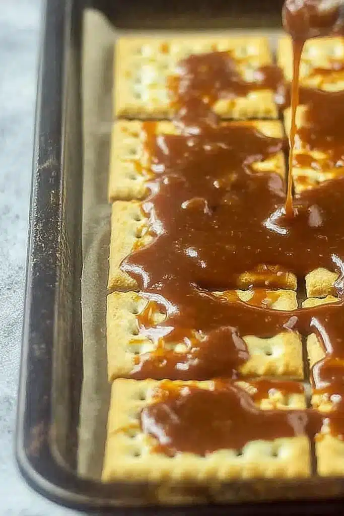 Halloween Crack | Sweet, Crunchy, and Fun to Make 10 Toffee mixture poured over saltine crackers for Halloween Crack