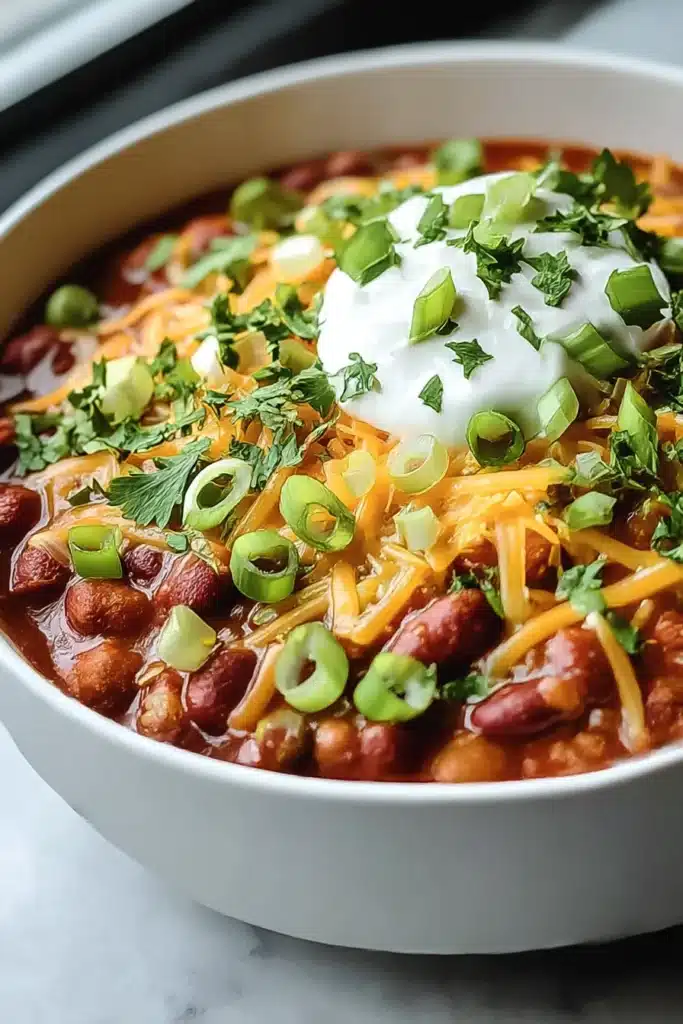 Simple crockpot vegetarian chili with cheese, sour cream, green onions, and fresh herbs