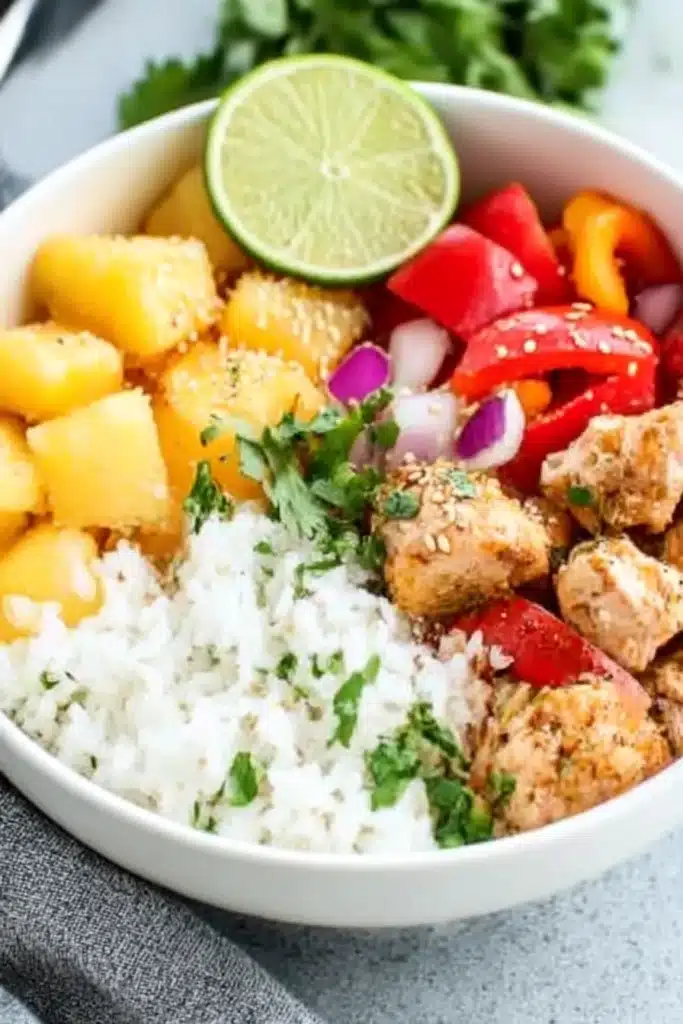 Easy Hawaiian Chicken Sheet Pan Meal (Whole30 and Paleo) 7 Hawaiian chicken and rice bowl with pineapple, bell peppers, and lime wedge in a white dish