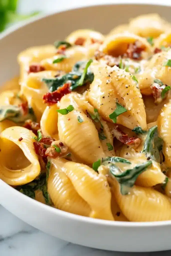 Close-up of creamy Tuscan mac and cheese with spinach and sundried tomatoes