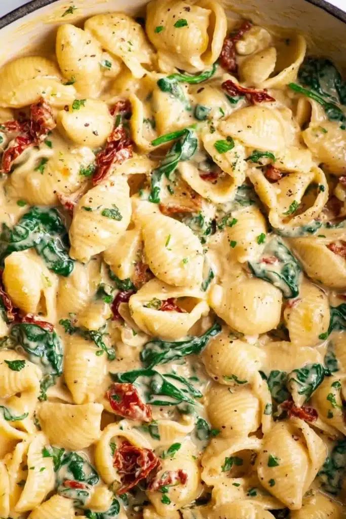 Creamy Tuscan mac and cheese with shells, spinach, and sundried tomatoes