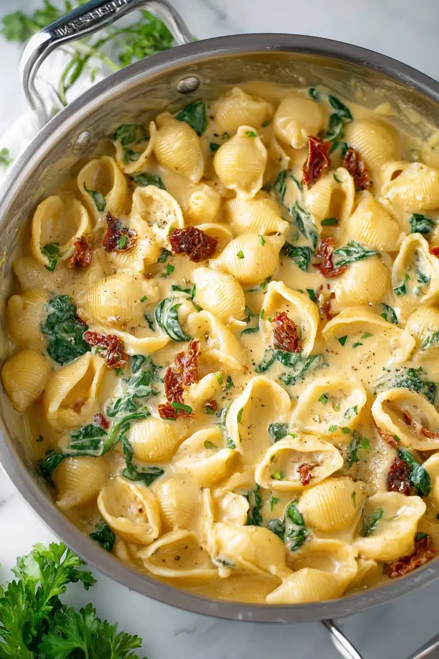 Creamy Tuscan mac and cheese with spinach and sundried tomatoes in a skillet