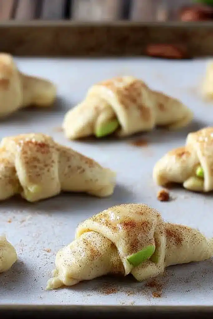 Rolled apple pie bites with cinnamon on parchment paper before baking