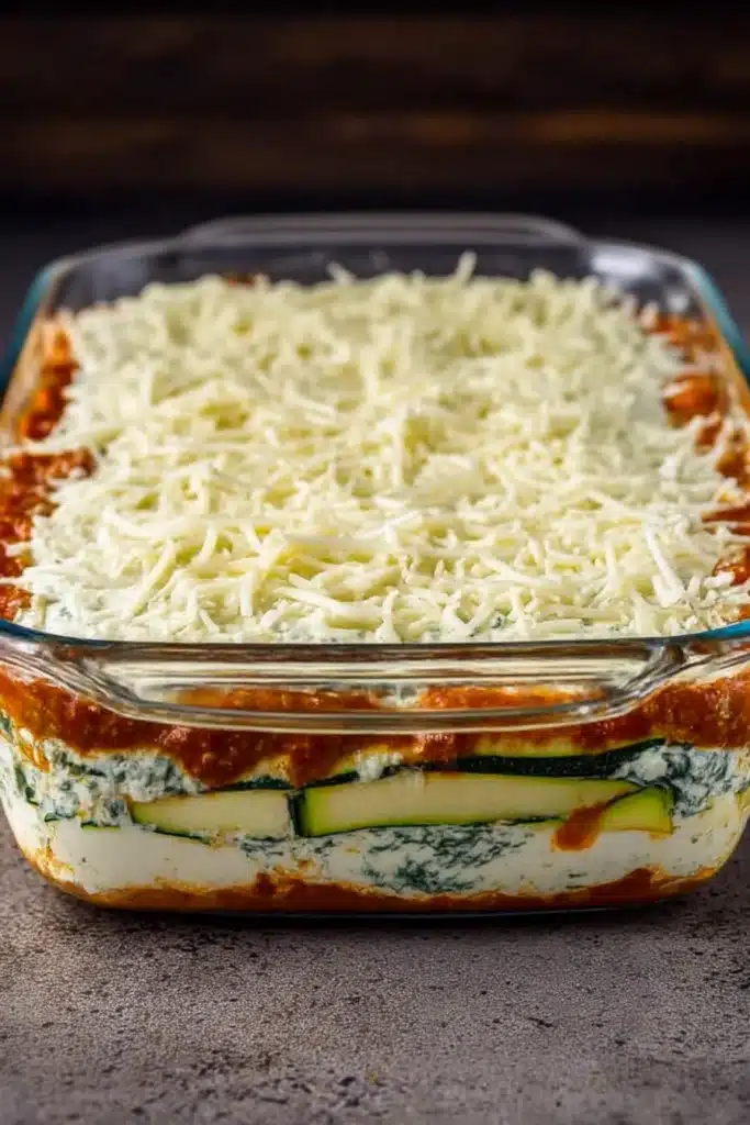 Easy Zucchini Lasagna | Family Favorite Low-Carb Dinner 10 Unbaked easy zucchini lasagna in a glass dish layered with ricotta, meat sauce, and shredded cheese