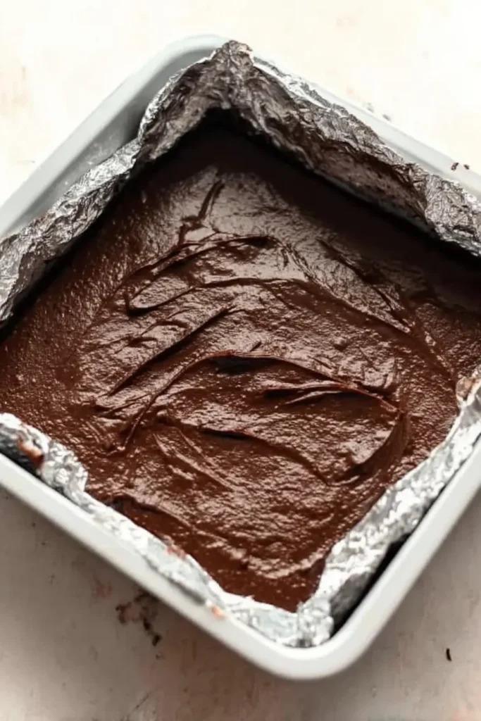 Fudgy Homemade Brownies with Amazing Texture 9 Unbaked fudgy homemade brownie batter in a foil-lined pan