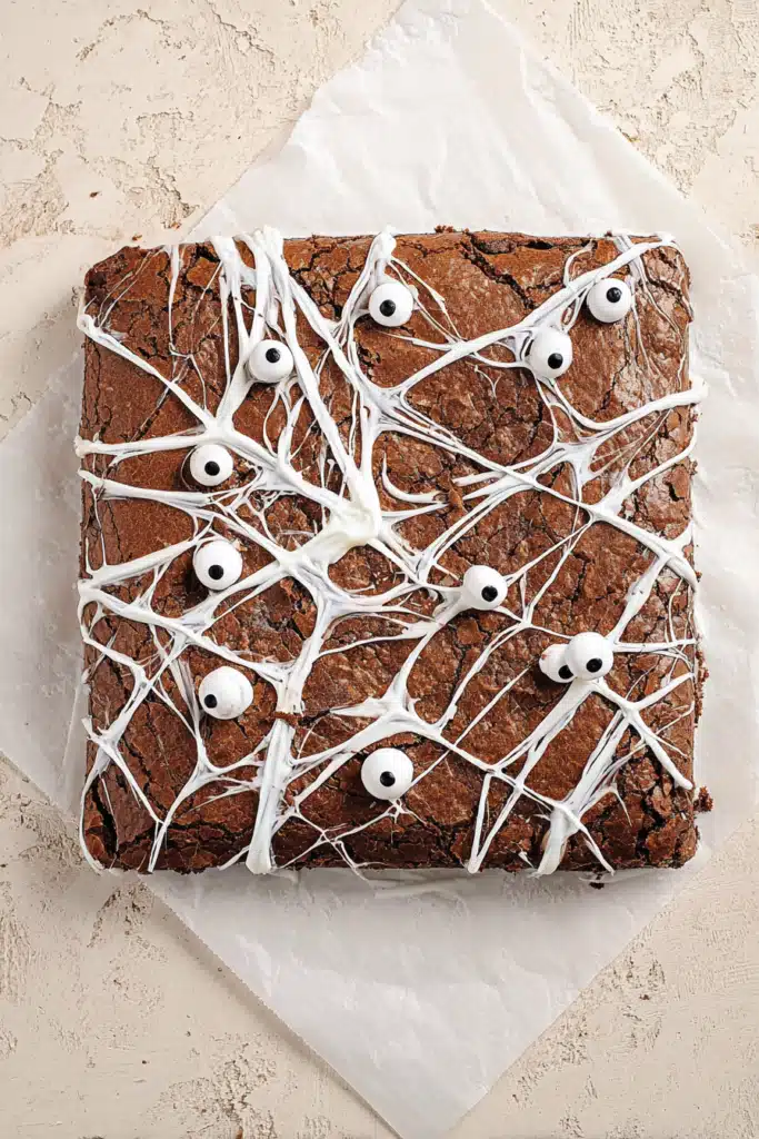 Uncut Halloween Spiderweb Brownies topped with marshmallow webs and candy eyes