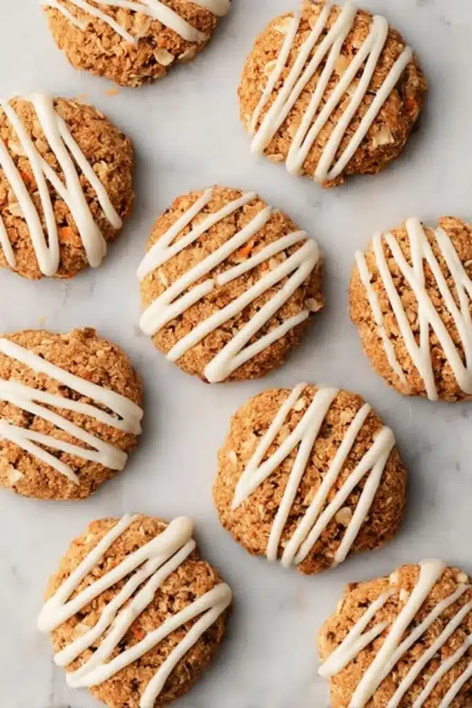 Frosted carrot cake cookies with white drizzle on marble surface