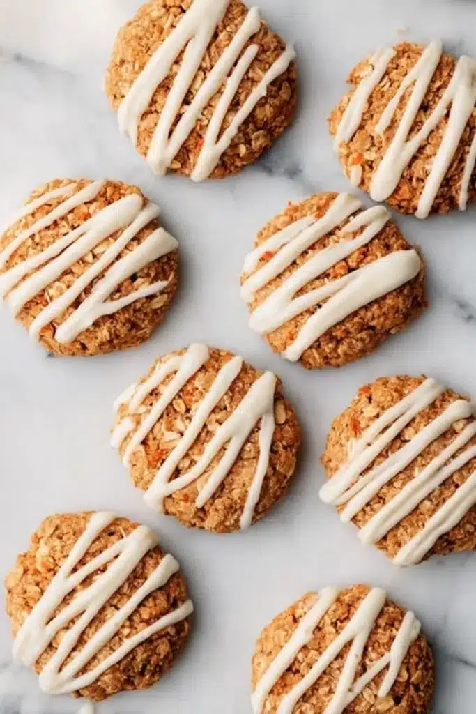 Carrot Cake Cookies: Soft, Sweet & Totally Delicious 16 Frosted carrot cake cookies with white drizzle on marble surface