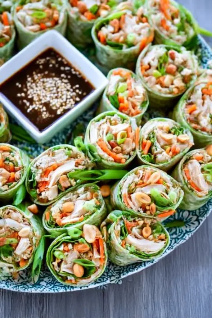 Thai Peanut Chicken Wraps sliced into pinwheels on a patterned ceramic plate, topped with peanuts and scallions, served with dipping sauce.
