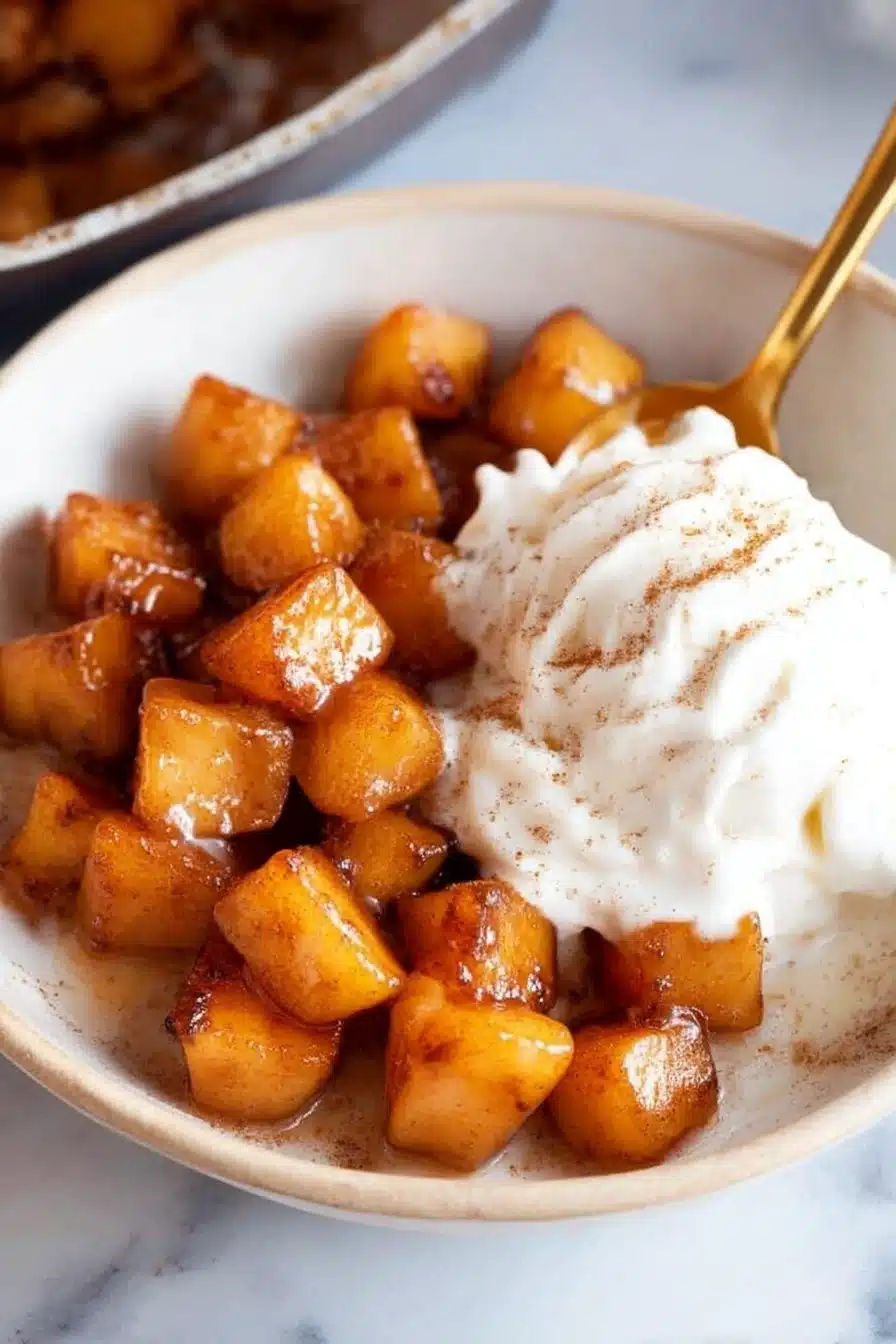 Warm cinnamon maple glazed air fryer apples with vanilla ice cream in a ceramic bowl