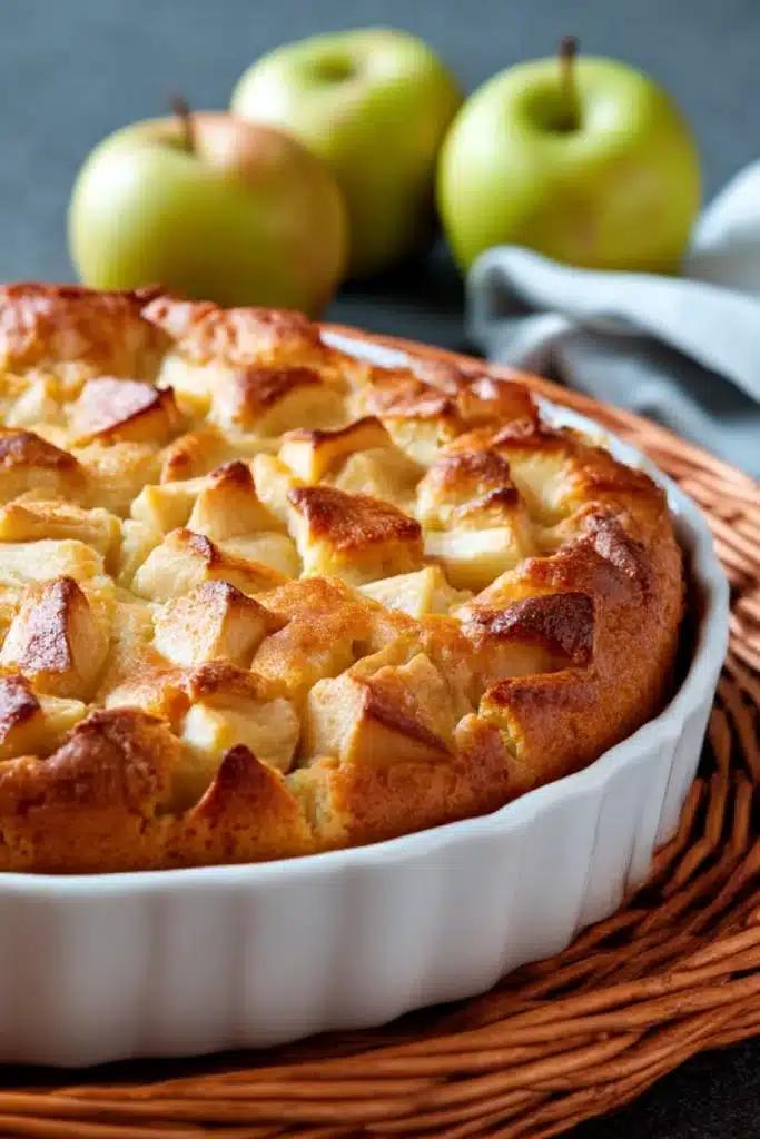 Whole Italian apple cake with caramelized apples in a white dish and fresh apples beside it