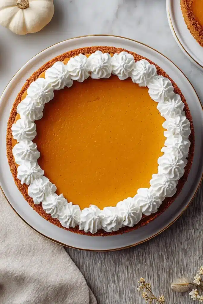 Whole tasty pumpkin pie cheesecake topped with whipped cream rosettes