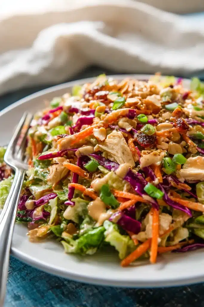 Colorful Whole30 Chinese Chicken Salad with sesame dressing, crunchy vegetables, and fresh herbs on a white plate