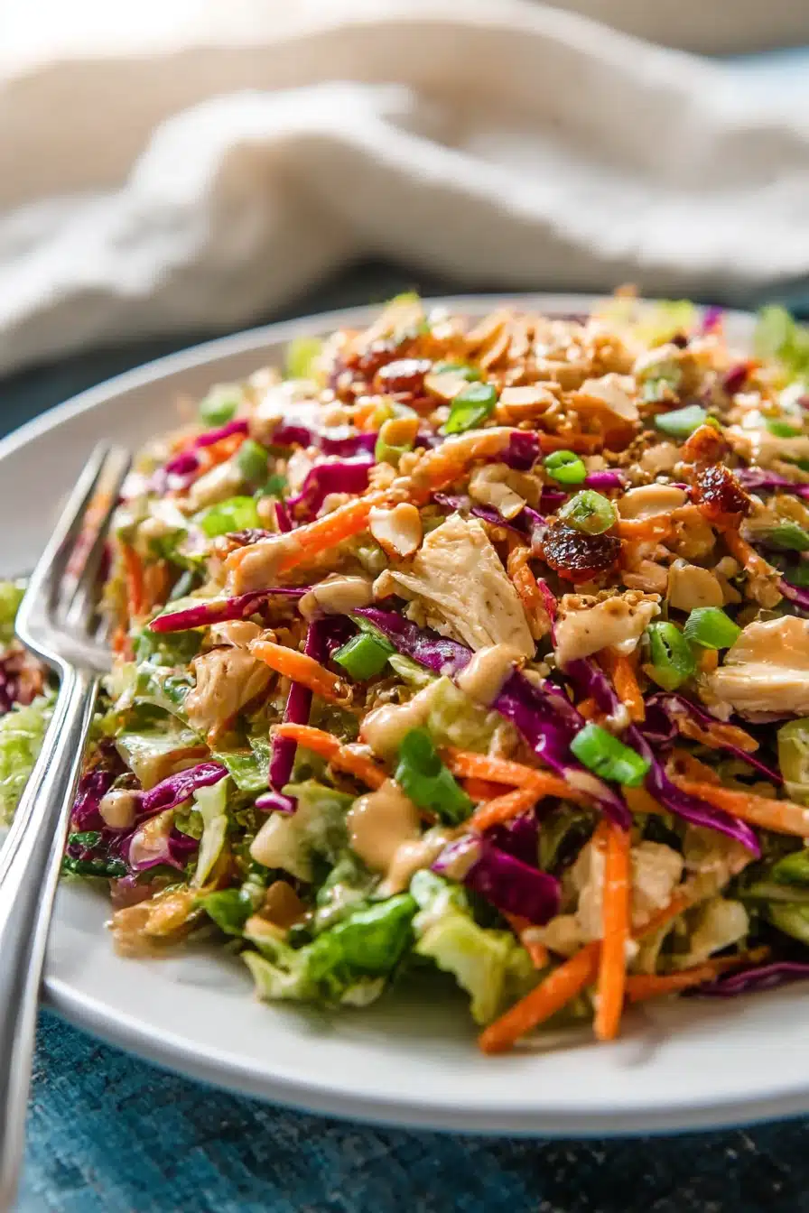 Colorful Whole30 Chinese Chicken Salad with sesame dressing, crunchy vegetables, and fresh herbs on a white plate